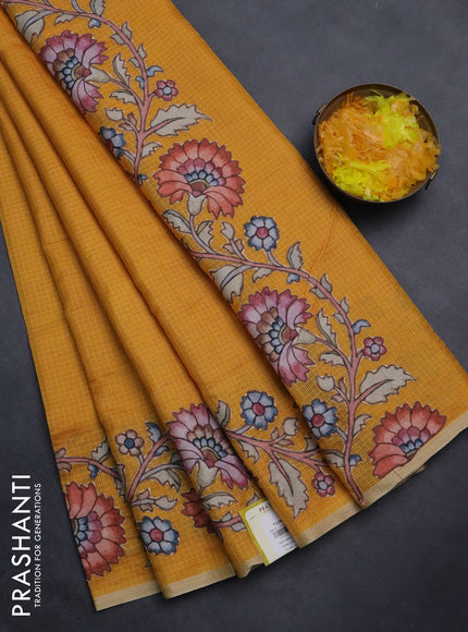 Kota saree dark mustard with plain body and kalamkari applique work border