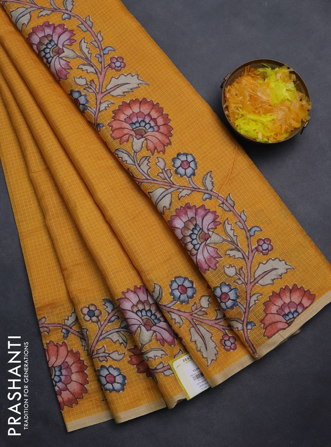 Kota saree dark mustard with plain body and kalamkari applique work border