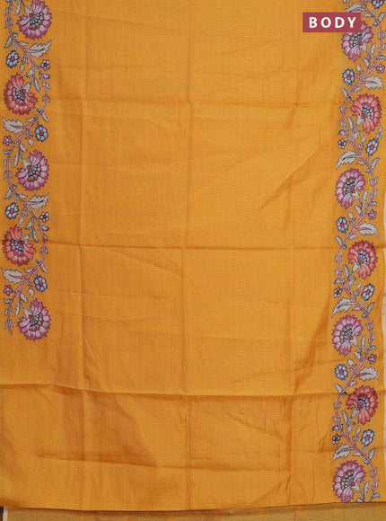Kota saree dark mustard with plain body and kalamkari applique work border
