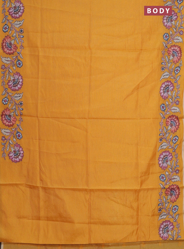 Kota saree dark mustard with plain body and kalamkari applique work border