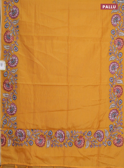 Kota saree dark mustard with plain body and kalamkari applique work border