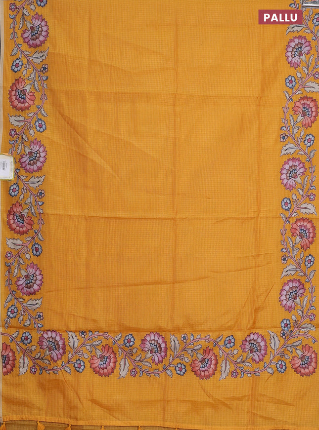 Kota saree dark mustard with plain body and kalamkari applique work border