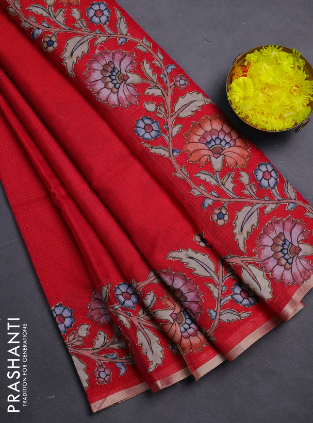 Kota saree reddish pink with plain body and kalamkari applique work border