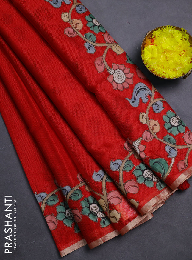 Kota saree red with plain body and kalamkari applique work border