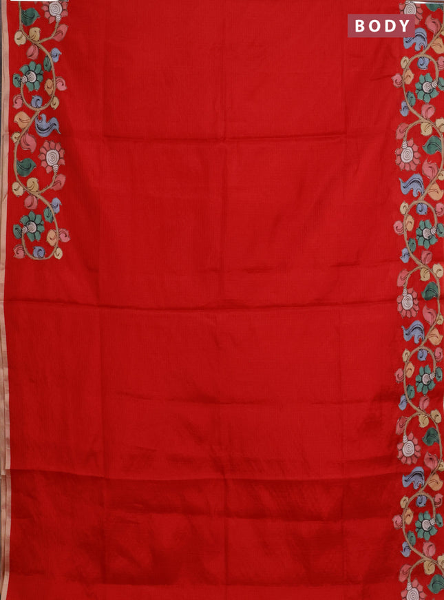 Kota saree red with plain body and kalamkari applique work border