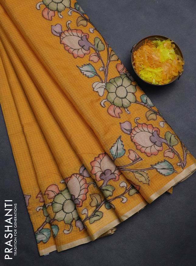 Kota saree mustard yellow with plain body and kalamkari applique work border