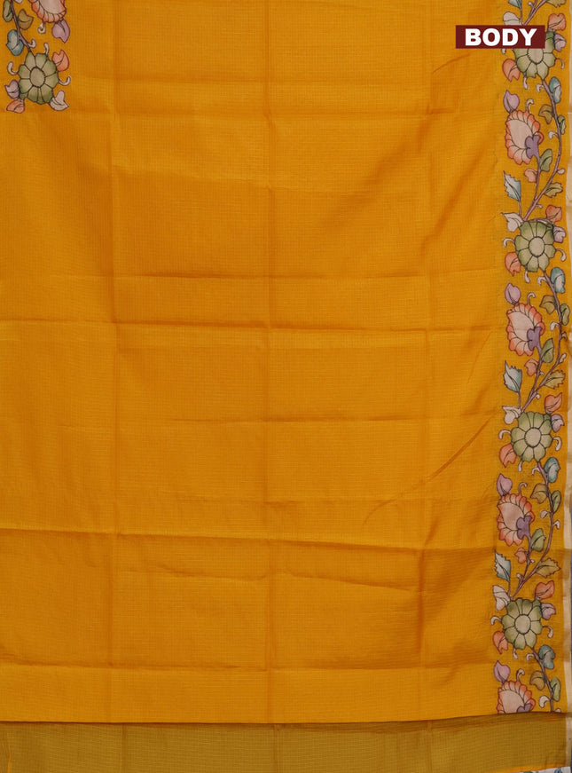 Kota saree mustard yellow with plain body and kalamkari applique work border