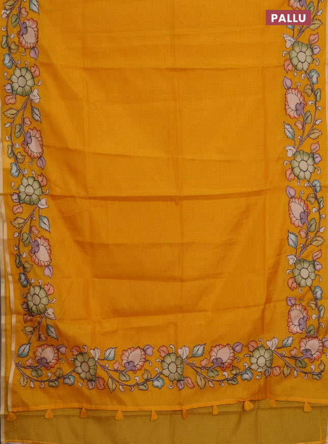 Kota saree mustard yellow with plain body and kalamkari applique work border