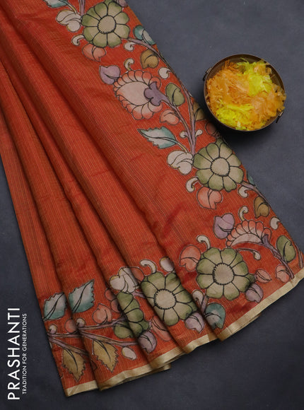 Kota saree rustic orange with plain body and kalamkari applique work border