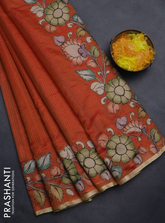 Kota saree rustic orange with plain body and kalamkari applique work border