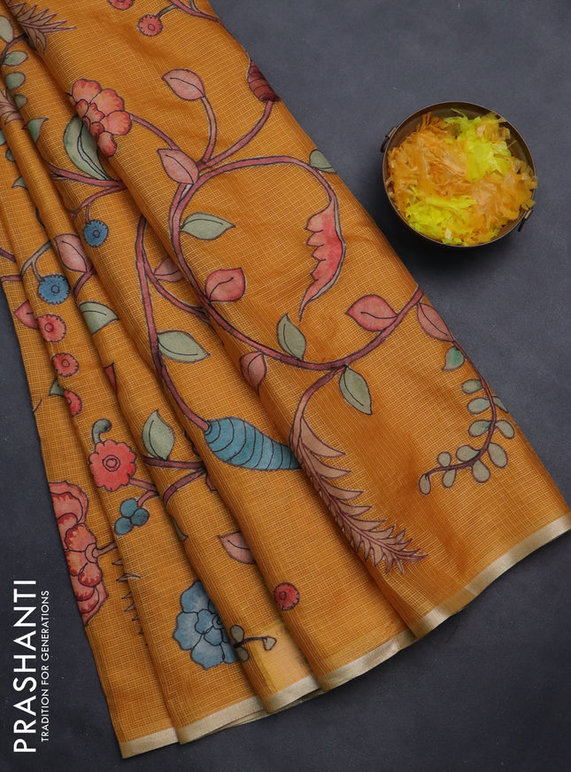 Kota saree mustard yellow with kalamkari applique work and zari woven piping border