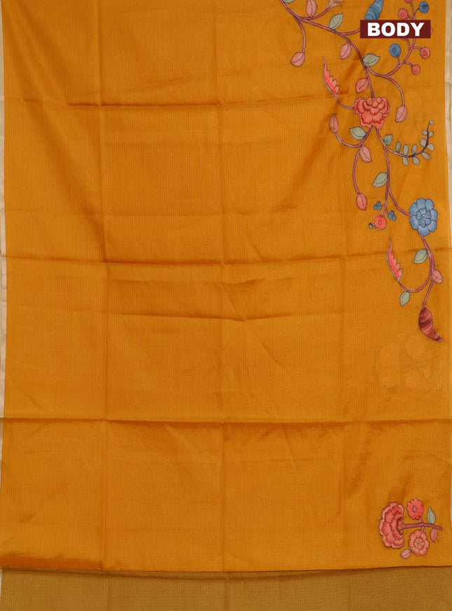 Kota saree mustard yellow with kalamkari applique work and zari woven piping border