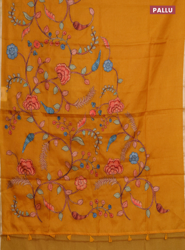 Kota saree mustard yellow with kalamkari applique work and zari woven piping border
