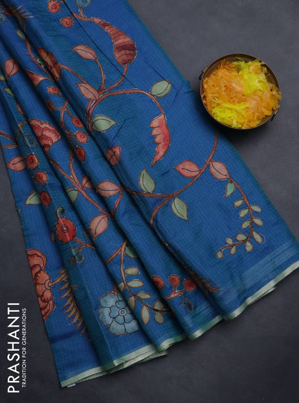 Kota saree dual shade of blue with kalamkari applique work and zari woven piping border