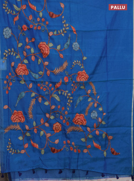 Kota saree dual shade of blue with kalamkari applique work and zari woven piping border