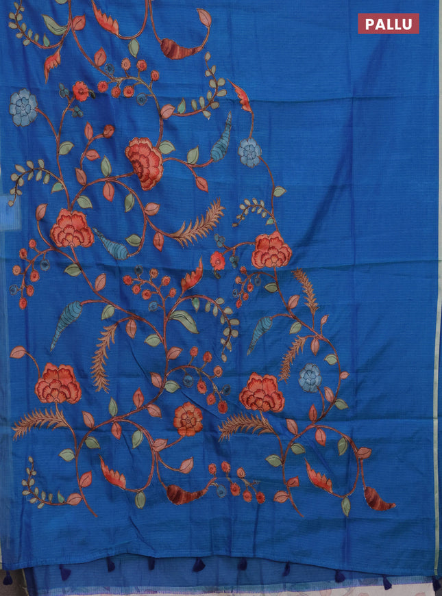 Kota saree dual shade of blue with kalamkari applique work and zari woven piping border