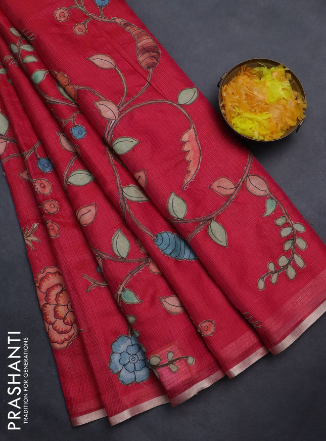 Kota saree dark pink with kalamkari applique work and zari woven piping border