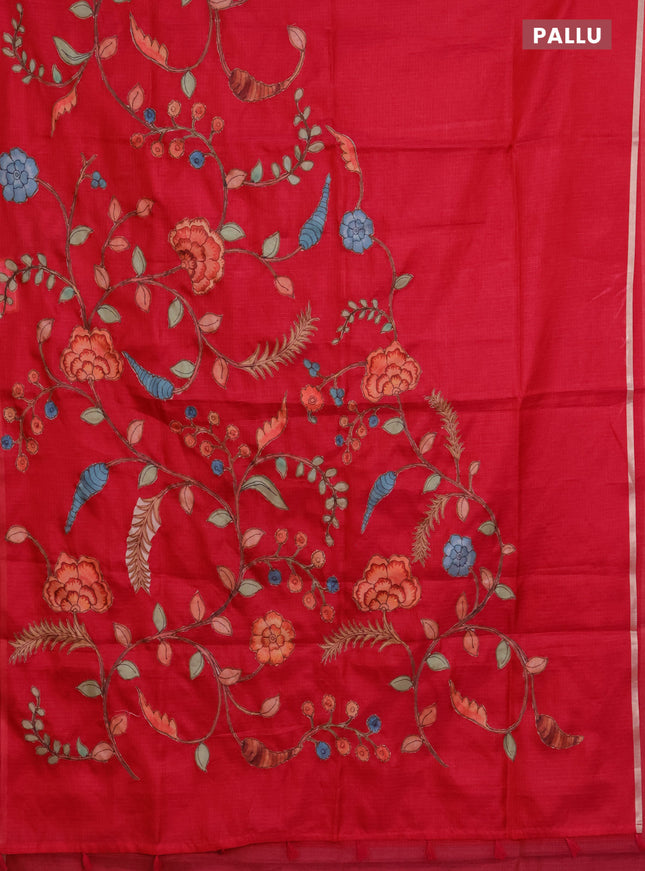 Kota saree dark pink with kalamkari applique work and zari woven piping border