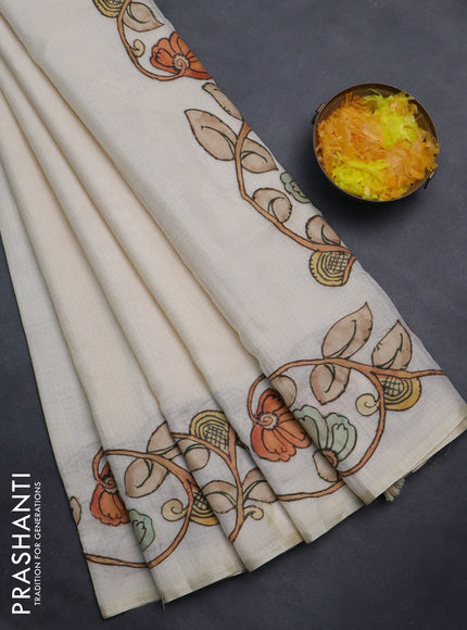 Kota saree cream with kalamkari applique work and zari woven piping border
