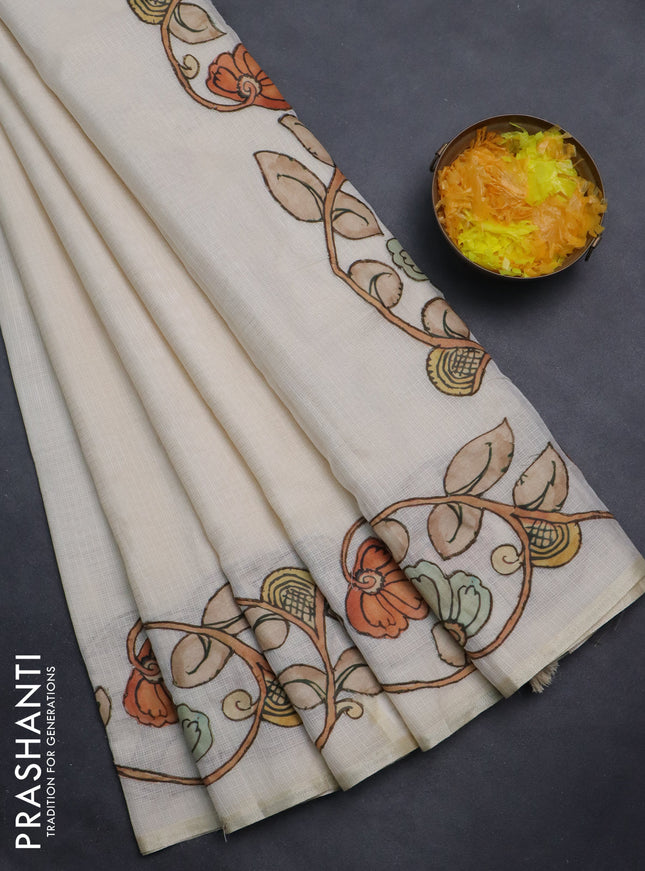 Kota saree cream with kalamkari applique work and zari woven piping border