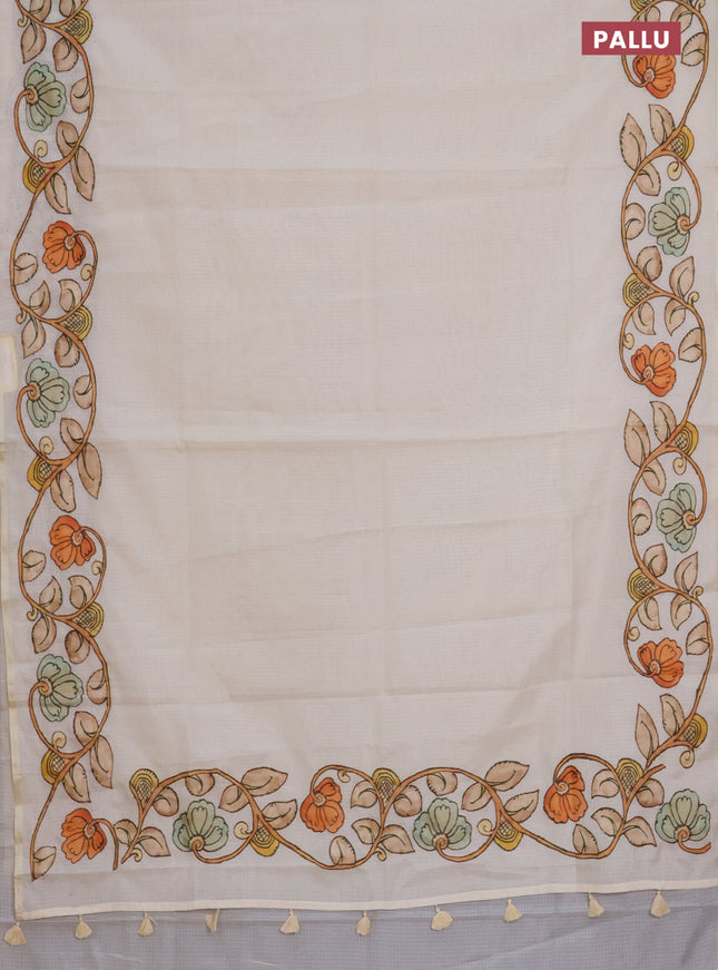 Kota saree cream with kalamkari applique work and zari woven piping border