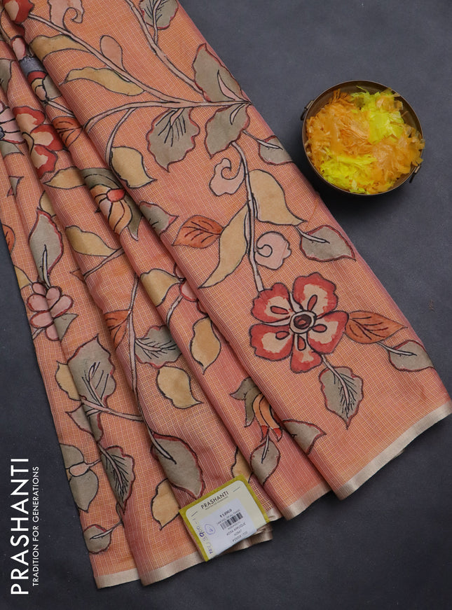 Kota saree pale orange with kalamkari applique work and zari woven piping border