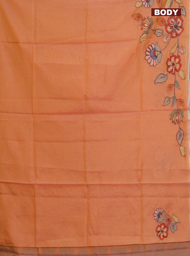 Kota saree pale orange with kalamkari applique work and zari woven piping border
