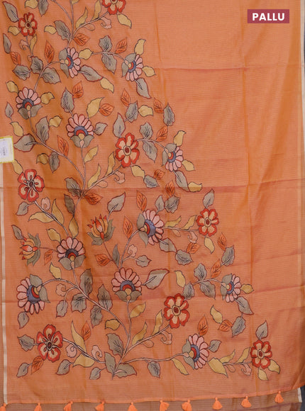 Kota saree pale orange with kalamkari applique work and zari woven piping border