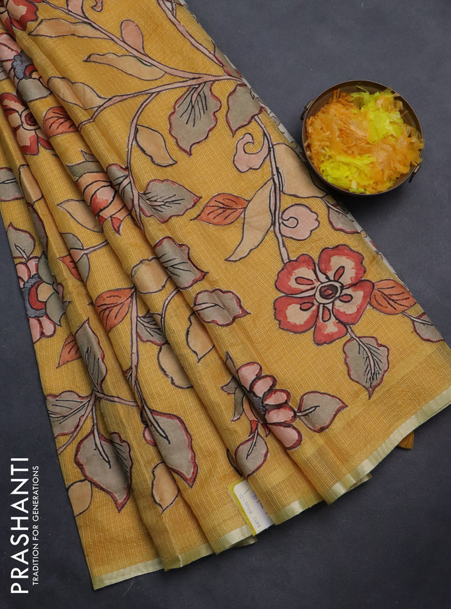 Kota saree mustard yellow with kalamkari applique work and zari woven piping border