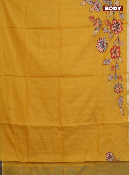 Kota saree mustard yellow with kalamkari applique work and zari woven piping border