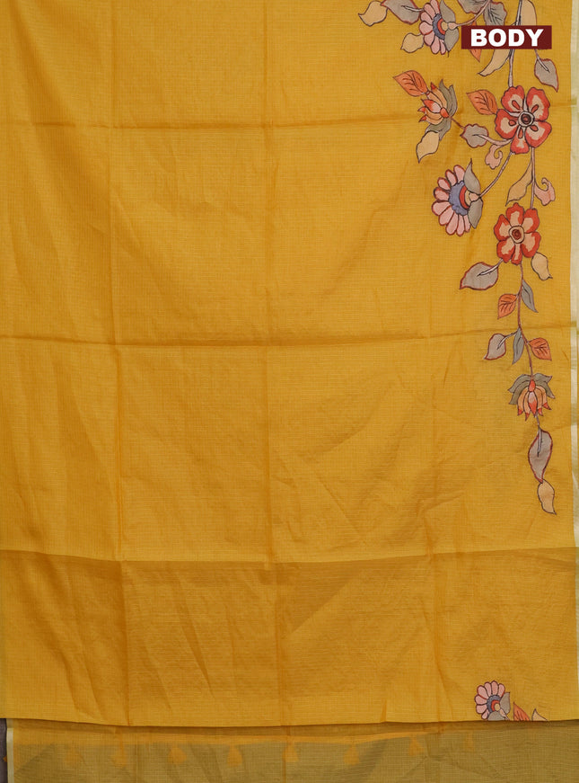 Kota saree mustard yellow with kalamkari applique work and zari woven piping border