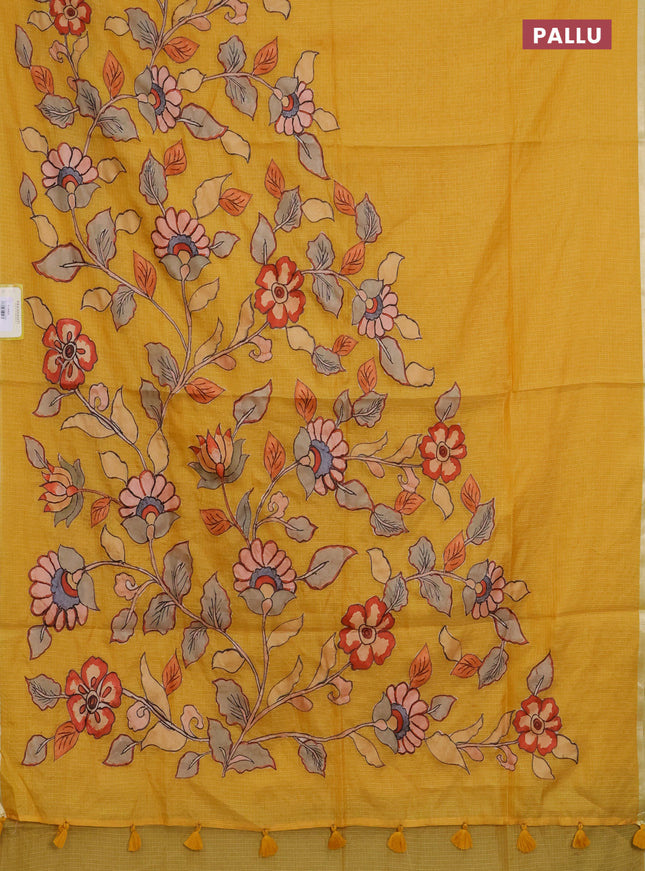 Kota saree mustard yellow with kalamkari applique work and zari woven piping border