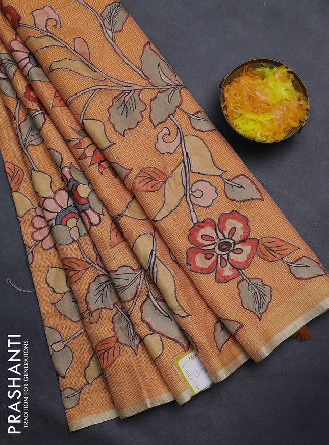 Kota saree pale orange with kalamkari applique work and zari woven piping border
