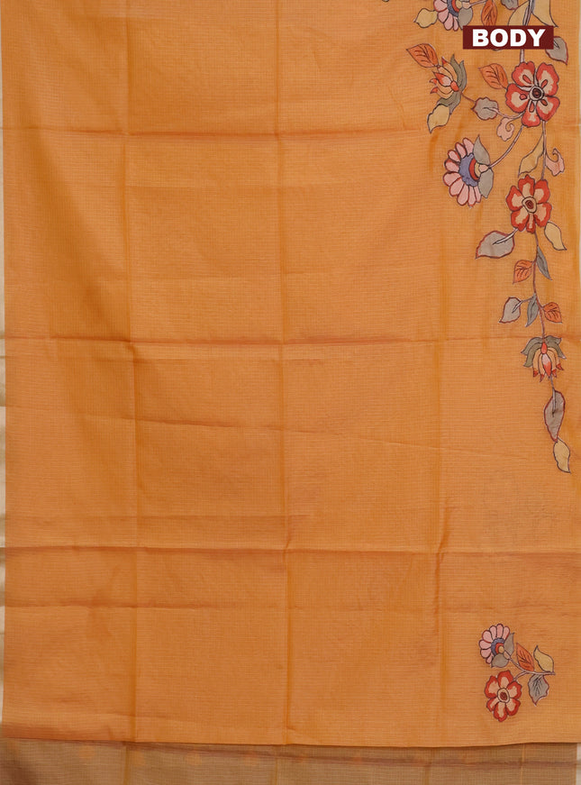 Kota saree pale orange with kalamkari applique work and zari woven piping border