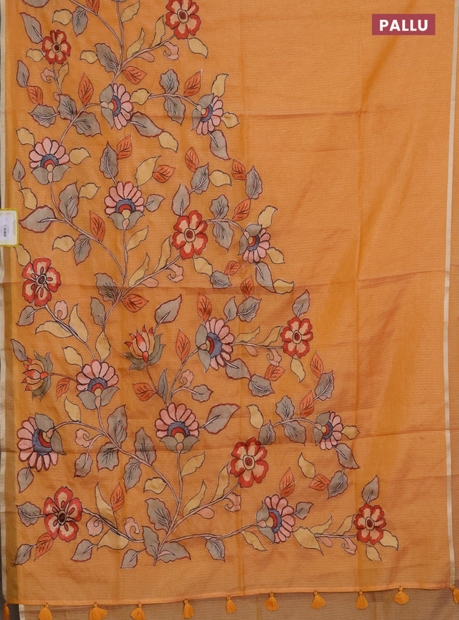 Kota saree pale orange with kalamkari applique work and zari woven piping border