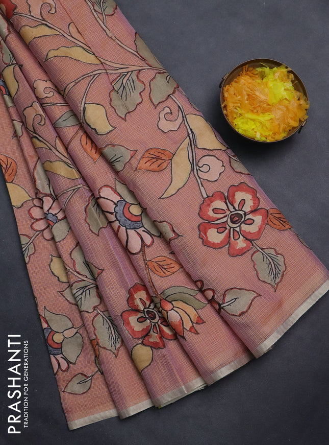 Kota saree dual shade of pastel peach with kalamkari applique work and zari woven piping border