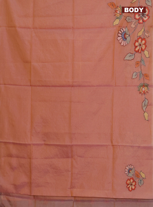 Kota saree dual shade of pastel peach with kalamkari applique work and zari woven piping border