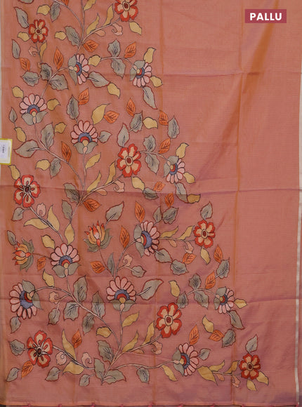 Kota saree dual shade of pastel peach with kalamkari applique work and zari woven piping border