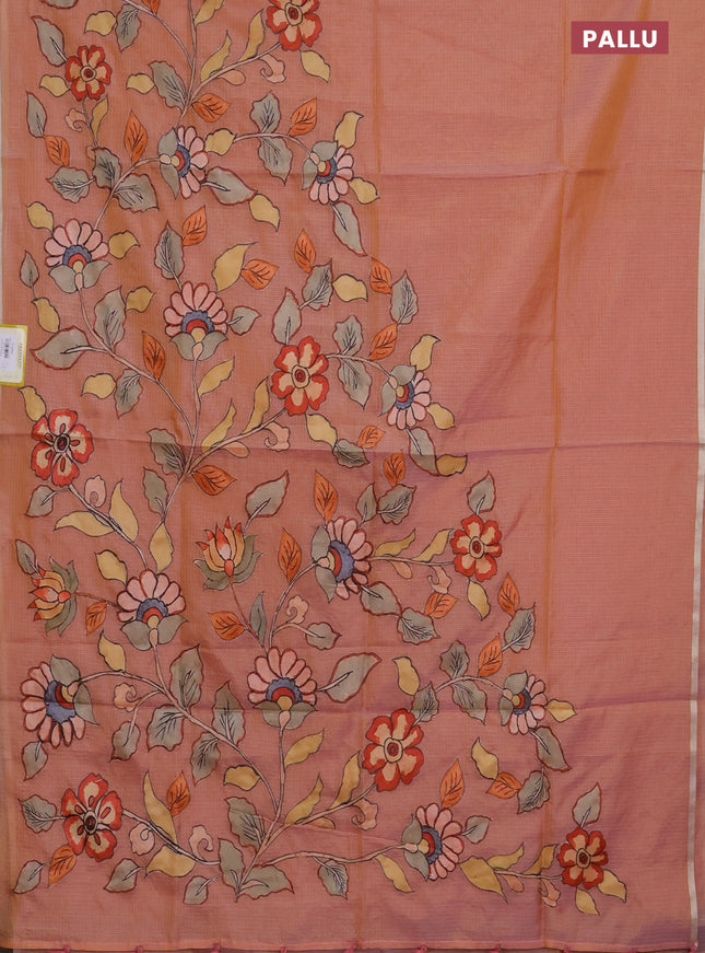 Kota saree dual shade of pastel peach with kalamkari applique work and zari woven piping border