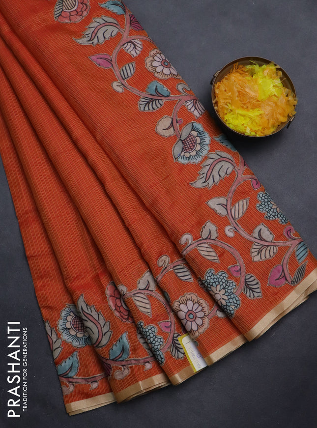 Kota saree rustic orange with plain body and kalamkari applique work border