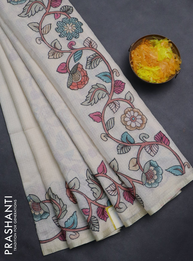 Kota saree cream with plain body and kalamkari applique work border