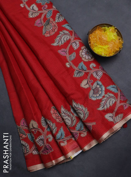 Kota saree red with plain body and kalamkari applique work border