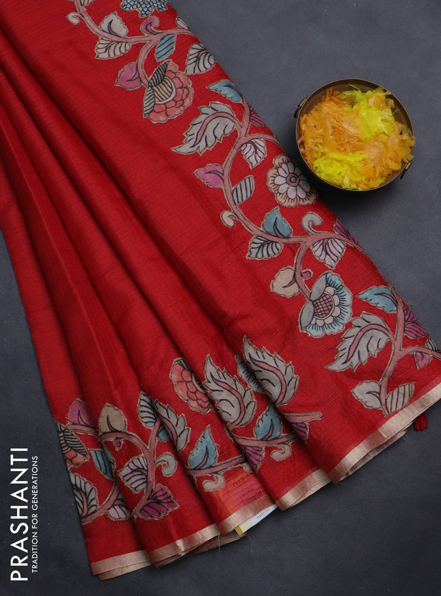 Kota saree red with plain body and kalamkari applique work border