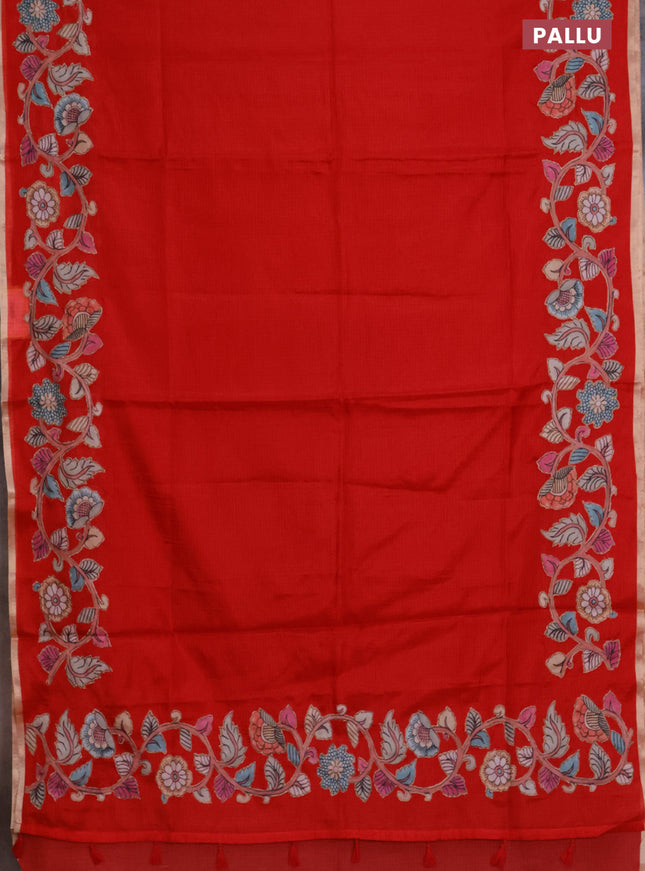 Kota saree red with plain body and kalamkari applique work border