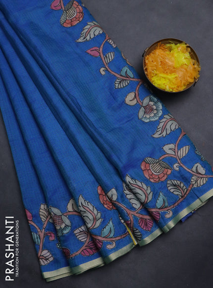 Kota saree dual shade of blue with plain body and kalamkari applique work border