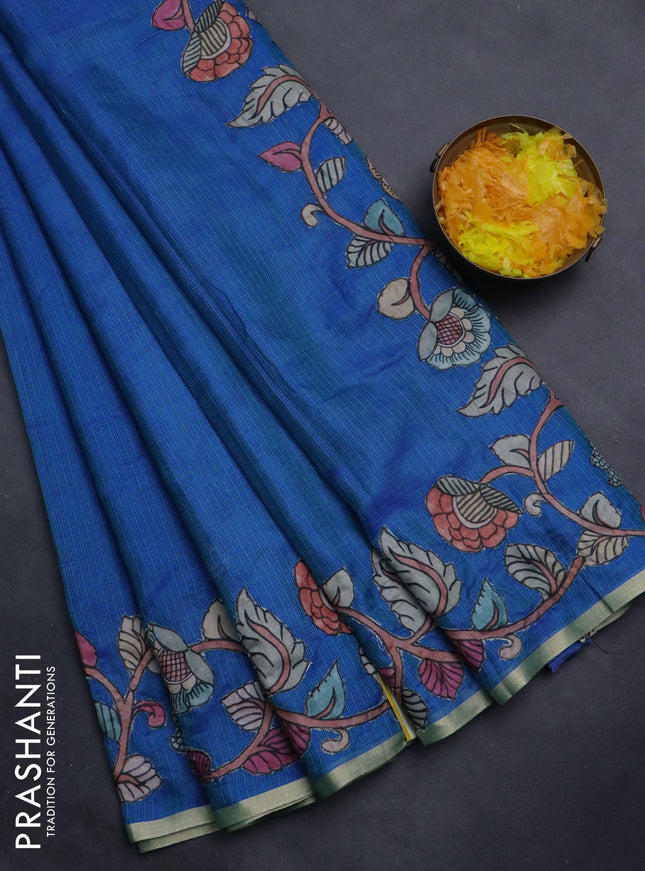 Kota saree dual shade of blue with plain body and kalamkari applique work border