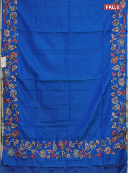Kota saree dual shade of blue with plain body and kalamkari applique work border
