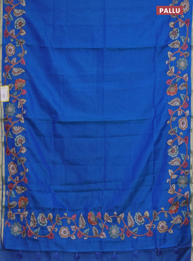 Kota saree dual shade of blue with plain body and kalamkari applique work border