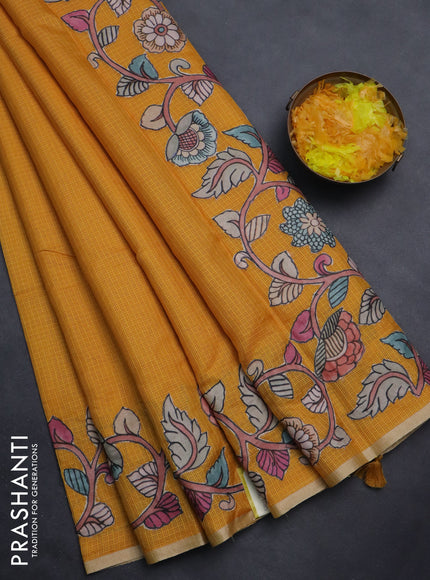 Kota saree mustard yellow with plain body and kalamkari applique work border