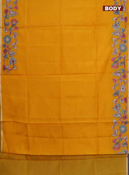 Kota saree mustard yellow with plain body and kalamkari applique work border